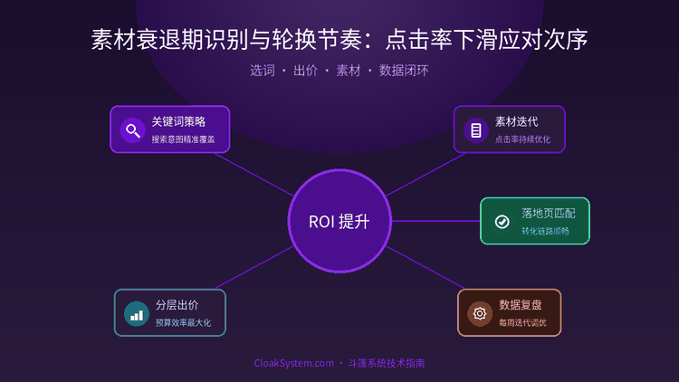 素材衰退期识别与轮换节奏：点击率下滑应对次序 — 流程架构示意图（CloakSystem 技术指南）