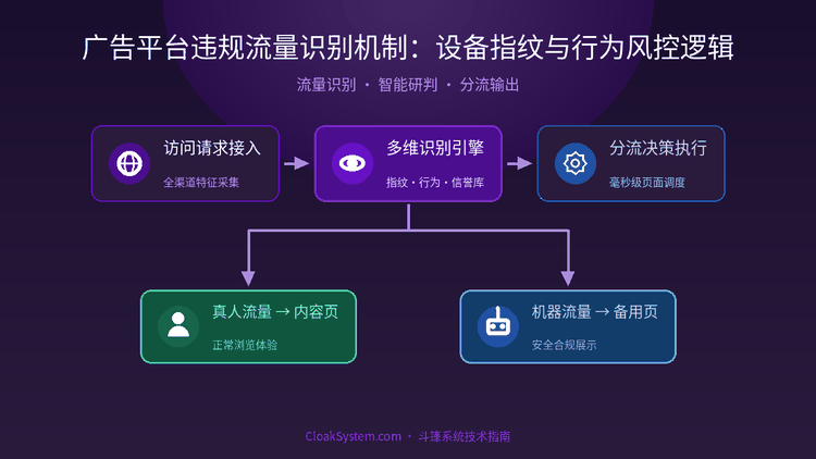 广告平台违规流量识别机制：设备指纹与行为风控逻辑 — 流程架构示意图（CloakSystem 技术指南）