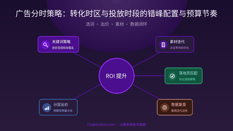 广告分时策略：转化时区与投放时段的错峰配置与预算节奏 — 流程架构示意图（CloakSystem 技术指南）