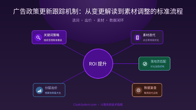 广告政策更新跟踪机制：从变更解读到素材调整的标准流程 — 流程架构示意图（CloakSystem 技术指南）