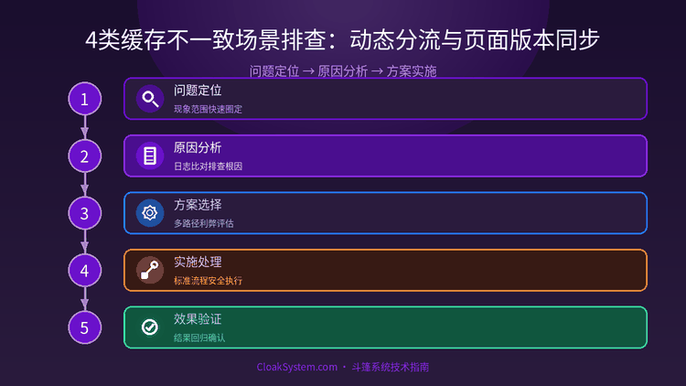 4类缓存不一致场景排查：动态分流与页面版本同步 — 流程示意图（CloakSystem）