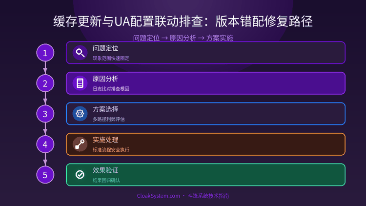 缓存更新与UA配置联动排查：版本错配修复路径 — 流程架构示意图（CloakSystem 技术指南）