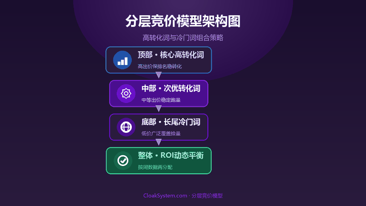 斗篷投放出价策略：高转化词与冷门词的分层竞价模型 — 流程示意图（CloakSystem）