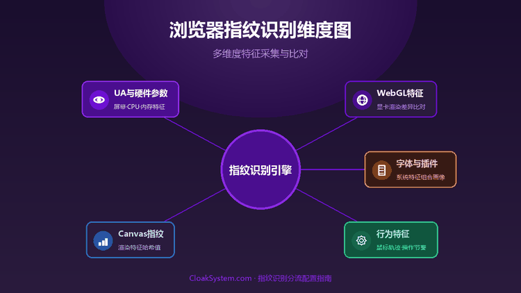 斗篷系统指纹识别：浏览器指纹分流配置指南 — 流程示意图（CloakSystem）