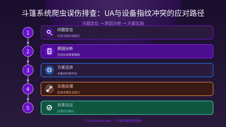 斗篷系统爬虫误伤排查：UA与设备指纹冲突的应对路径 — 流程架构示意图（CloakSystem 技术指南）