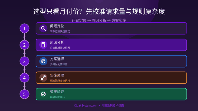 选型只看月付价？先校准请求量与规则复杂度 — 流程架构示意图（CloakSystem 技术指南）