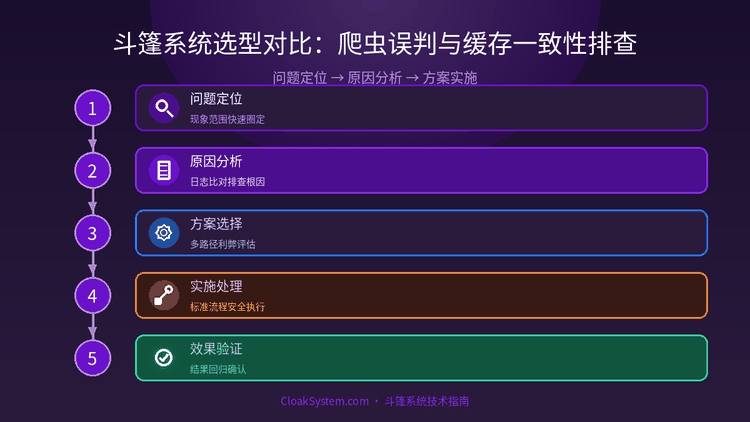 斗篷系统选型对比：爬虫误判与缓存一致性排查 — 流程架构示意图（CloakSystem 技术指南）