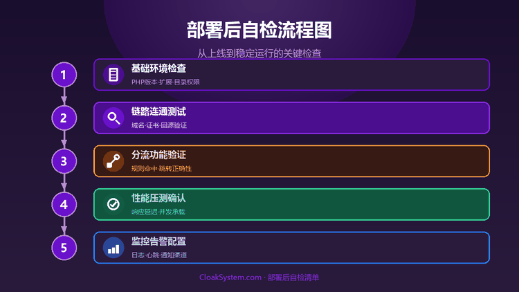 斗篷系统部署后自检清单：从上线到稳定运行的关键步骤 — 流程示意图（CloakSystem）