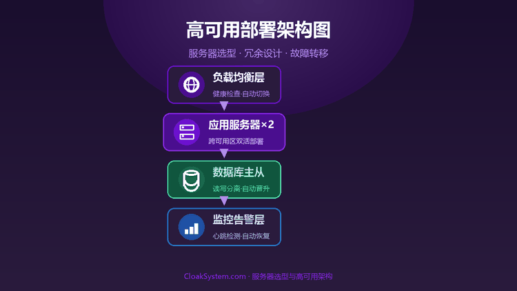 斗篷系统独立部署：服务器选型与高可用架构 — 流程示意图（CloakSystem）