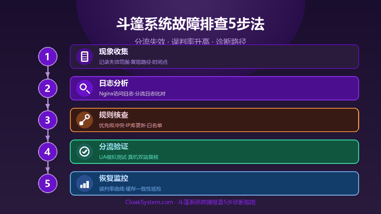 斗篷系统故障排查5步：分流失效与误判率升高诊断 — 流程示意图（CloakSystem）