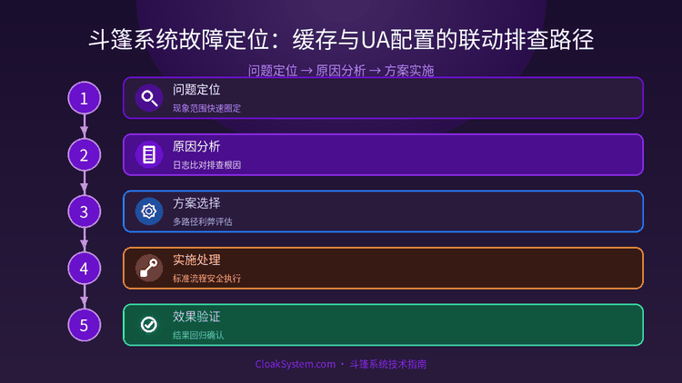 斗篷系统故障定位：缓存与UA配置的联动排查路径 — 流程示意图（CloakSystem）