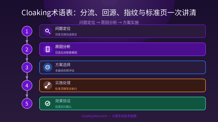 Cloaking术语表：分流、回源、指纹与标准页一次讲清 — 流程架构示意图（CloakSystem 技术指南）