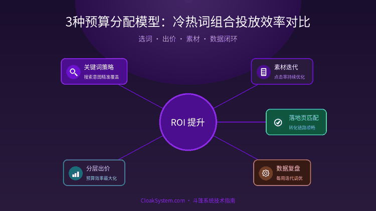 3种预算分配模型：冷热词组合投放效率对比 — 流程示意图（CloakSystem）