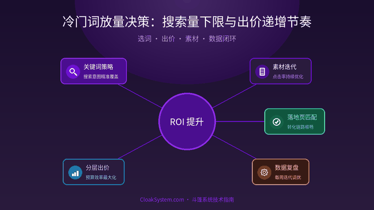 冷门词放量决策：搜索量下限与出价递增节奏 — 流程架构示意图（CloakSystem 技术指南）
