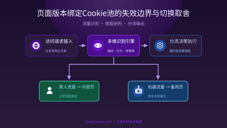 页面版本绑定Cookie池的失效边界与切换取舍 — 流程架构示意图（CloakSystem 技术指南）