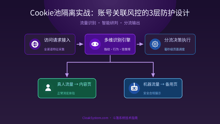 Cookie池隔离实战：账号关联风控的3层防护设计 — 流程架构示意图（CloakSystem 技术指南）