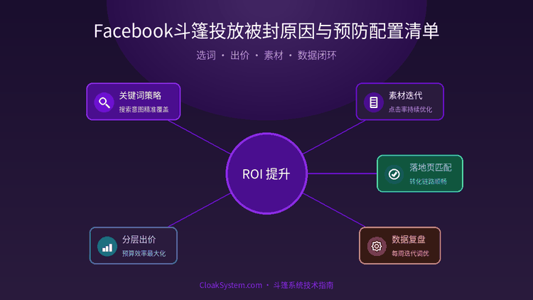 Facebook斗篷投放被封原因与预防配置清单 — 流程架构示意图（CloakSystem 技术指南）