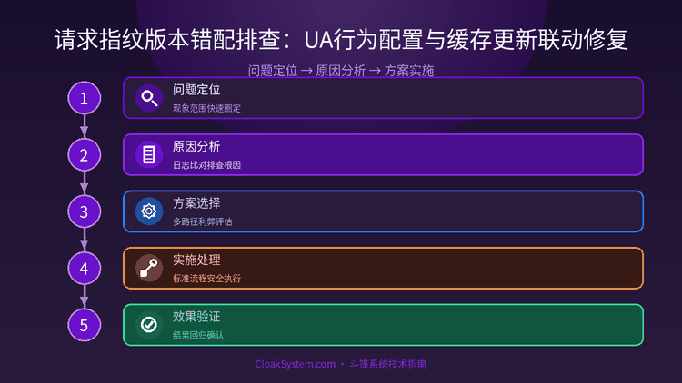 请求指纹版本错配排查：UA行为配置与缓存更新联动修复 — 流程架构示意图（CloakSystem 技术指南）