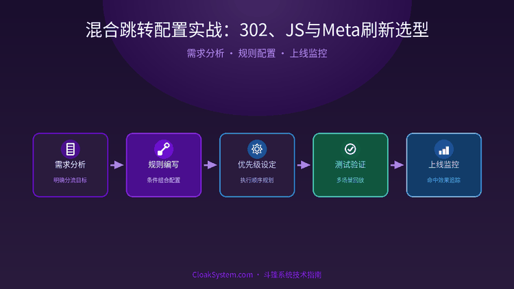 混合跳转配置实战：302、JS与Meta刷新选型 — 流程架构示意图（CloakSystem 技术指南）