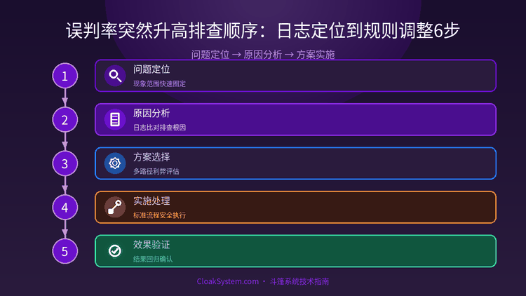 误判率突然升高排查顺序：日志定位到规则调整6步 — 流程架构示意图（CloakSystem 技术指南）
