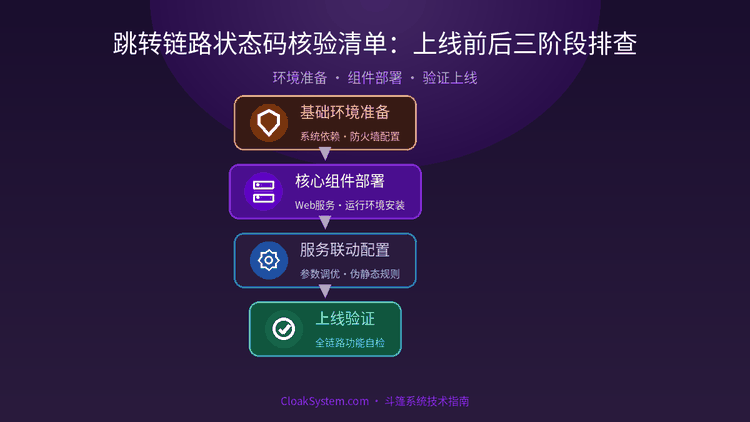 跳转链路状态码核验清单：上线前后三阶段排查 — 流程架构示意图（CloakSystem 技术指南）