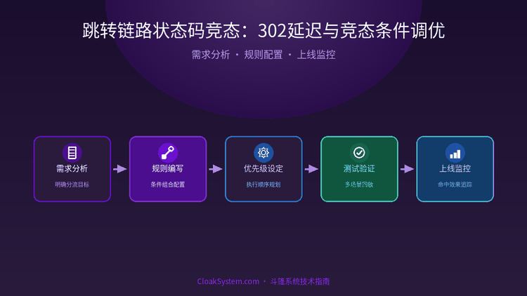 跳转链路状态码竞态：302延迟与竞态条件调优 — 流程架构示意图（CloakSystem 技术指南）