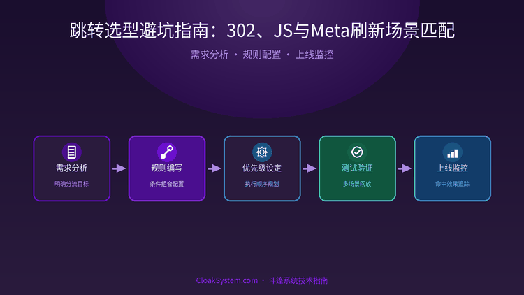 跳转选型避坑指南：302、JS与Meta刷新场景匹配 — 流程架构示意图（CloakSystem 技术指南）