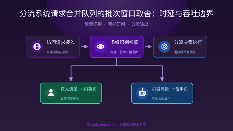 分流系统请求合并队列的批次窗口取舍：时延与吞吐边界 — 流程架构示意图（CloakSystem 技术指南）