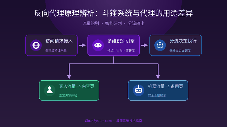 反向代理原理辨析：斗篷系统与代理的用途差异 — 流程架构示意图（CloakSystem 技术指南）