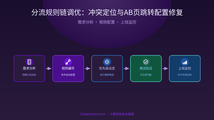 分流规则链调优：冲突定位与AB页跳转配置修复 — 流程架构示意图（CloakSystem 技术指南）