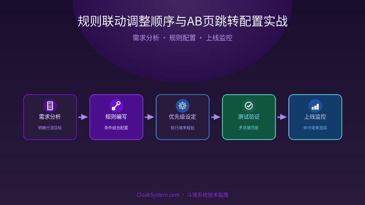 规则联动调整顺序与AB页跳转配置实战 — 流程架构示意图（CloakSystem 技术指南）