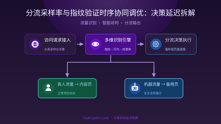 分流采样率与指纹验证时序协同调优：决策延迟拆解 — 流程架构示意图（CloakSystem 技术指南）