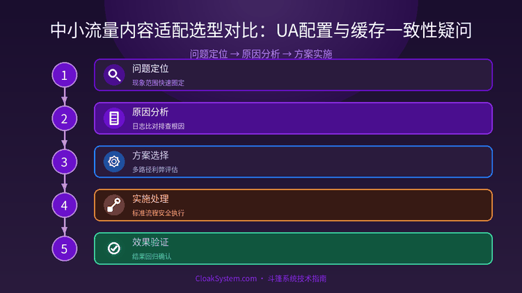 中小流量内容适配选型对比：UA配置与缓存一致性疑问 — 流程示意图（CloakSystem）