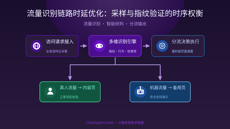 流量识别链路时延优化：采样与指纹验证的时序权衡 — 流程架构示意图（CloakSystem 技术指南）