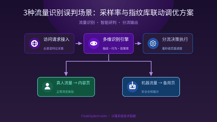 3种流量识别误判场景：采样率与指纹库联动调优方案 — 流程示意图（CloakSystem）