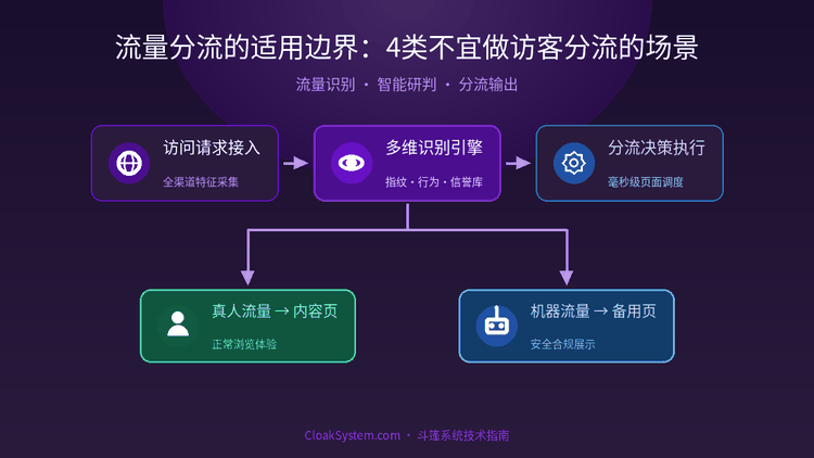 流量分流的适用边界：4类不宜做访客分流的场景 — 流程架构示意图（CloakSystem 技术指南）