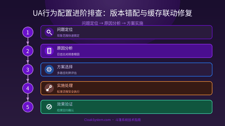 UA行为配置进阶排查：版本错配与缓存联动修复 — 流程架构示意图（CloakSystem 技术指南）