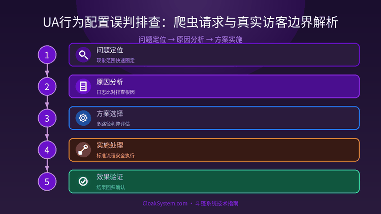 UA行为配置误判排查：爬虫请求与真实访客边界解析 — 流程架构示意图（CloakSystem 技术指南）